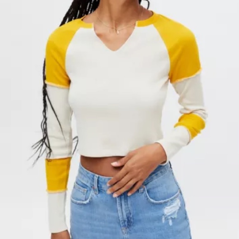 Urban Outfitters Cream and Yellow Raglan Long Sleeve Tee